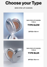 Product display of Skin Sync Up Cushion with Type Glow and Type Blur options on a white background.