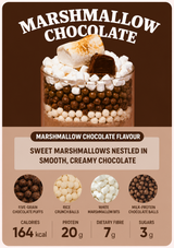 A product information graphic for Marshmallow Chocolate flavor. The top half shows a layered chocolate dessert in a glass cup with marshmallows and a toasted marshmallow on top.