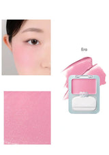 Pink blush compact with color swatch and application on a white background