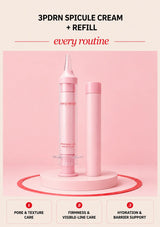 Every Routine 3PDRN Spicule Cream applicator and matching refill cartridge on a pink podium