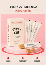 Every Routine Every Cut Diet Jelly box with stick sachets and yogurt-flavoured jelly pieces on a pink podium