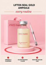 Every Routine Liftox-seal Gold Ampoule bottle with applicator on a pink podium