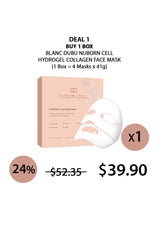 Blanc Dubu Nuborn Cell hydrogel collagen face mask packaging with a discount offer on a white background.
