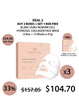 Promotional graphic for Blanc Dubé Nuborn Cell hydrogel collagen face mask deal with pricing and quantity information.