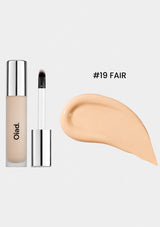 Cosmetic product with applicator and color swatch labeled '#19 FAIR' on a white background