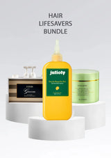 Hair care products including a yellow bottle and green jar on a white background with 'Hair Lifesavers Bundle' text.
