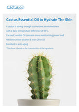 A promotional graphic for Cactus oil featuring a small potted cactus on a light gray background with blue text describing benefits of cactus essential oil for skin hydration.