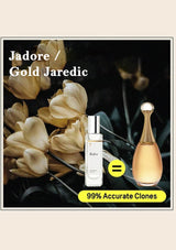 Two perfume bottles with flowers on a dark background, labeled 'Jadore / Gold Jaredic'.