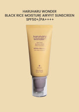 A tube of Haruharu Wonder Black Rice Moisture Airyfit Sunscreen with SPF50+/PA++++, in a yellow packaging.