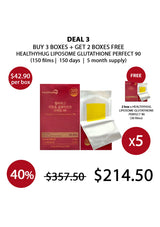 Promotional graphic for a deal on HealthyHug Liposome Glutathione Perfect 90. The image shows one red box, one sachet, and a free box/sachet bundle, with text offering to buy 3 boxes and get 2 boxes free, plus price details and quantity badges.