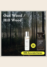 Two perfume bottles with a forest background labeled 'Oud Wood / Hill Wood'.
