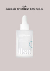 A bottle of ILSO Moringa Tightening Pore Serum with a white pump dispenser, on a plain background.