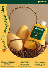 Yellow bottle of juliofy hair shampoo with mangoes in a basket on a beige background