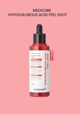 A bottle of Medicube Hypochlorous Acid Peel Shot centered on a solid pink background, with black text above reading 'MEDICUBE HYPOCHLOROUS ACID PEEL SHOT'. The product is a red bottle with a black dropper cap and a white label featuring red text and blocks.