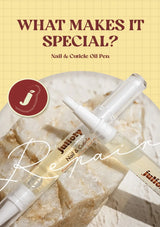 Julius nail and cuticle oil pen on a textured surface with 'What Makes It Special?' text.