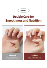 Before and after comparison of dry, cracked cuticles and moist, healthy nails with text 'Double Care for Smoothness and Nutrition'.