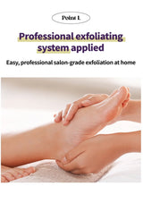 Person applying exfoliating system to a foot with text about professional exfoliation system applied.