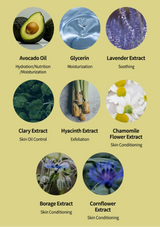 Various natural extracts with their benefits on a green background