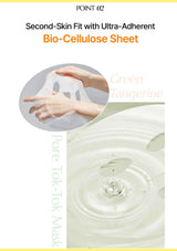 Promotional graphic for a green tangerine pore-tok mask sheet, showing hands stretching a translucent bio-cellulose sheet, a close-up of the clear sheet, and water droplets on a white background with text reading 'Second-Skin Fit with Ultra-Adherent Bio-Cellulose Sheet' and 'Green Tangerine'.