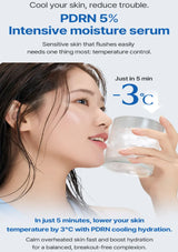 Woman holding a glass of water with text about PDRN 5% intensive moisture serum.