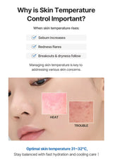 Diagram explaining the importance of skin temperature control with a woman's face and skin texture illustrations.