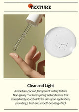 Product dropper with clear liquid being applied to skin, showing texture and description text.