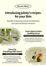 Advertisement for julioily skincare products with serum bottles and green apples on a white background.