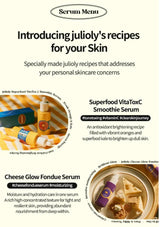 Advertisement for julioily skincare serums with product images and text.