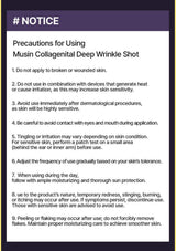 A text-based precaution notice for using Musin Collagen Deep Wrinkle Shot, with a dark purple header and a white background listing nine usage warnings and precautions.
