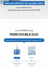 Luvum PDRN Double Duo skincare product set with text about marine water and seaweed PDRN.