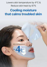 Person applying a cooling device to their face with text about skin temperature reduction.