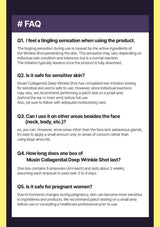 A FAQ informational graphic with a dark purple header and a white background listing questions and answers about using Musin Collagenen Deep Wrinkle Shot.