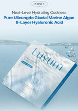 Luvum sheet mask with Ulleungdo Glacial Marine Algae and hyaluronic acid on a blue background