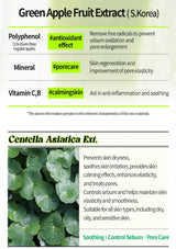 Product label for green apple fruit extract and centella asiatica extract with text on benefits and uses.