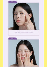 A two-step skincare application guide showing a woman with long black hair. Step 2 shows her gently rolling a clear cream product onto her cheek, and Step 3 shows her massaging the product into her face.