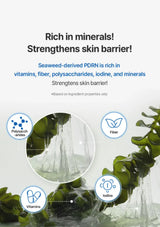 Advertisement for seaweed-derived PDRN with text about skin barrier strengthening and ingredient benefits.