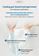 Hydrogel sheet held by hands with product details and cooling ingredients listed.