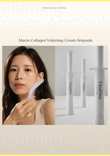 Mucin Collagen Voluming Cream Ampoule advertisement featuring a woman holding a translucent applicator on the left, and three white ampoules labeled 'ClearBox' on the right, set against a soft beige and white background.
