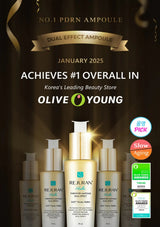 Olive Young Reijuran Ampoule with promotional text and awards on a dark background