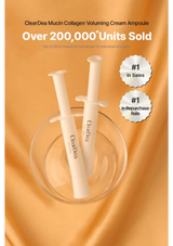 Two ClearDea Mucin Collagen Voluming Cream ampoules displayed in a clear glass bowl against a warm peach satin background, with promotional text and badge overlays.