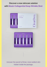 Clear Dea. Musin Collagenal Deep Wrinkle Shot skincare set shown in two views: one with the white outer box and purple tray, and one with the four ampoules removed from the purple tray.