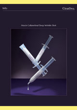 ClearDea. Mucin Collagenal Deep Wrinkle Shot syringe product graphic on a dark purple background with yellow borders.