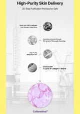 Brightening & Dark Spot Serum in yellow, Hydrating & Calming Serum in light blue, and Elasticity & Revitalizing Serum in light purple, each with a small bottle illustration and descriptive copy.
