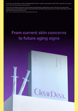 A promotional product image for ClearDea skin treatment showing a white product box and two syringes on a white pedestal against a purple-to-black gradient background, with yellow side borders and marketing text at the top.