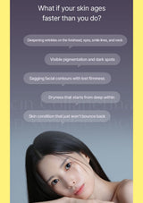 A promotional graphic with a woman at the bottom and a list of skincare concerns in speech bubbles above, including deepening wrinkles, visible pigmentation and dark spots, sagging facial contours, dryness, and skin condition that won't bounce back. The background is a soft gray gradient with yellow side borders.
