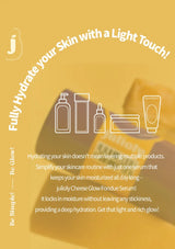 Advertisement for a skincare serum with product illustrations and promotional text on a yellow background.