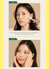 A two-step skincare application guide showing a woman applying a white cream to her cheek in Step 1 and smoothing her face in Step 2, with text instructions between the panels on a beige background with yellow side borders.
