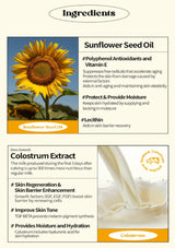 Product label with sunflower seed oil and colostrum extract information.