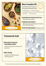 Product packaging with herbal extracts and text about Blue Complex HR and Tranexamic Acid.