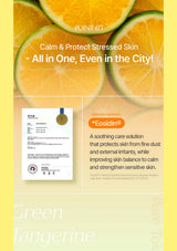 A promotional graphic for a skincare product in the Green Tangerine scent. The top half features a close-up of fresh orange slices, with white text reading 'Calm & Protect Stressed Skin - All in One, Even in the City!'.